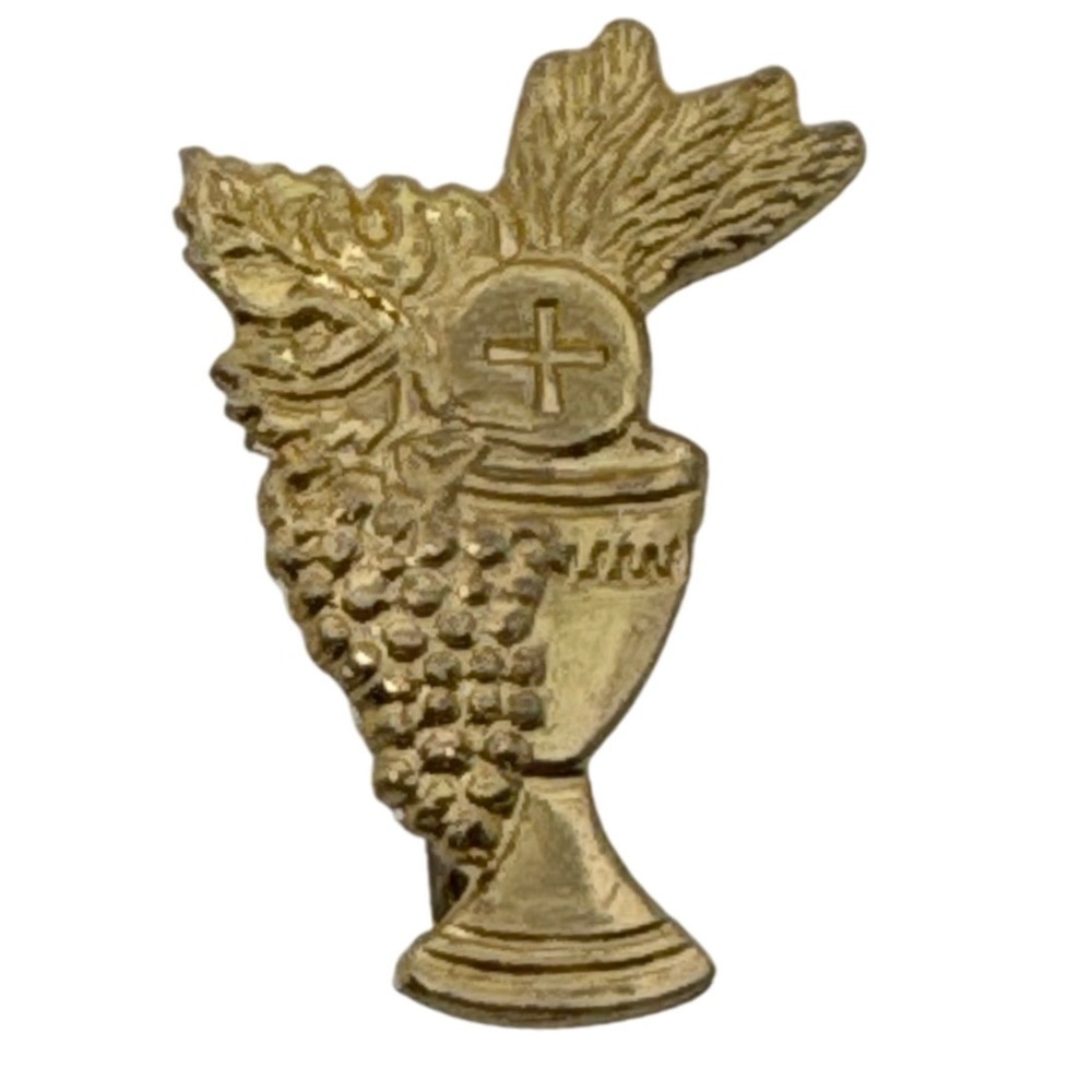Gold Tone First Communion Chalice Grapes Wheat Lapel Pin Religious Eucharist